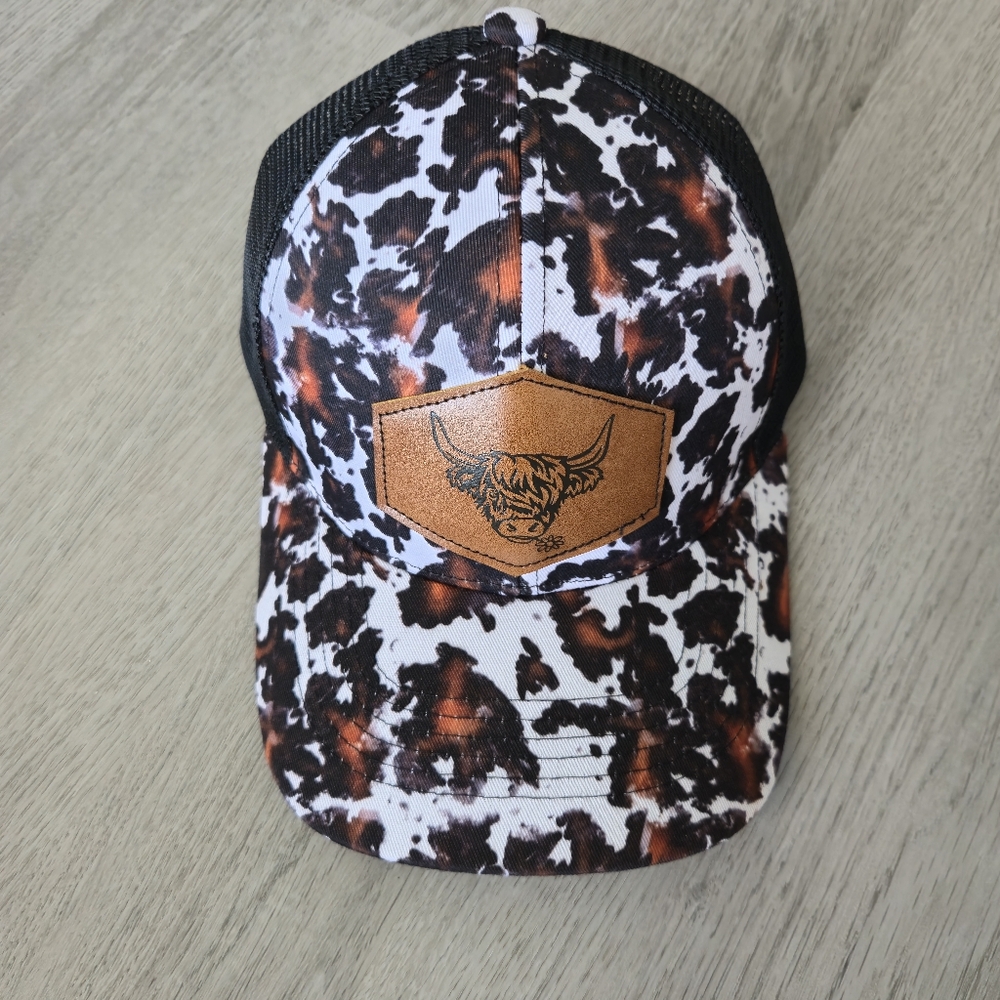 Cow Print Trucker Hat with Leather Patch Ponytail Slit